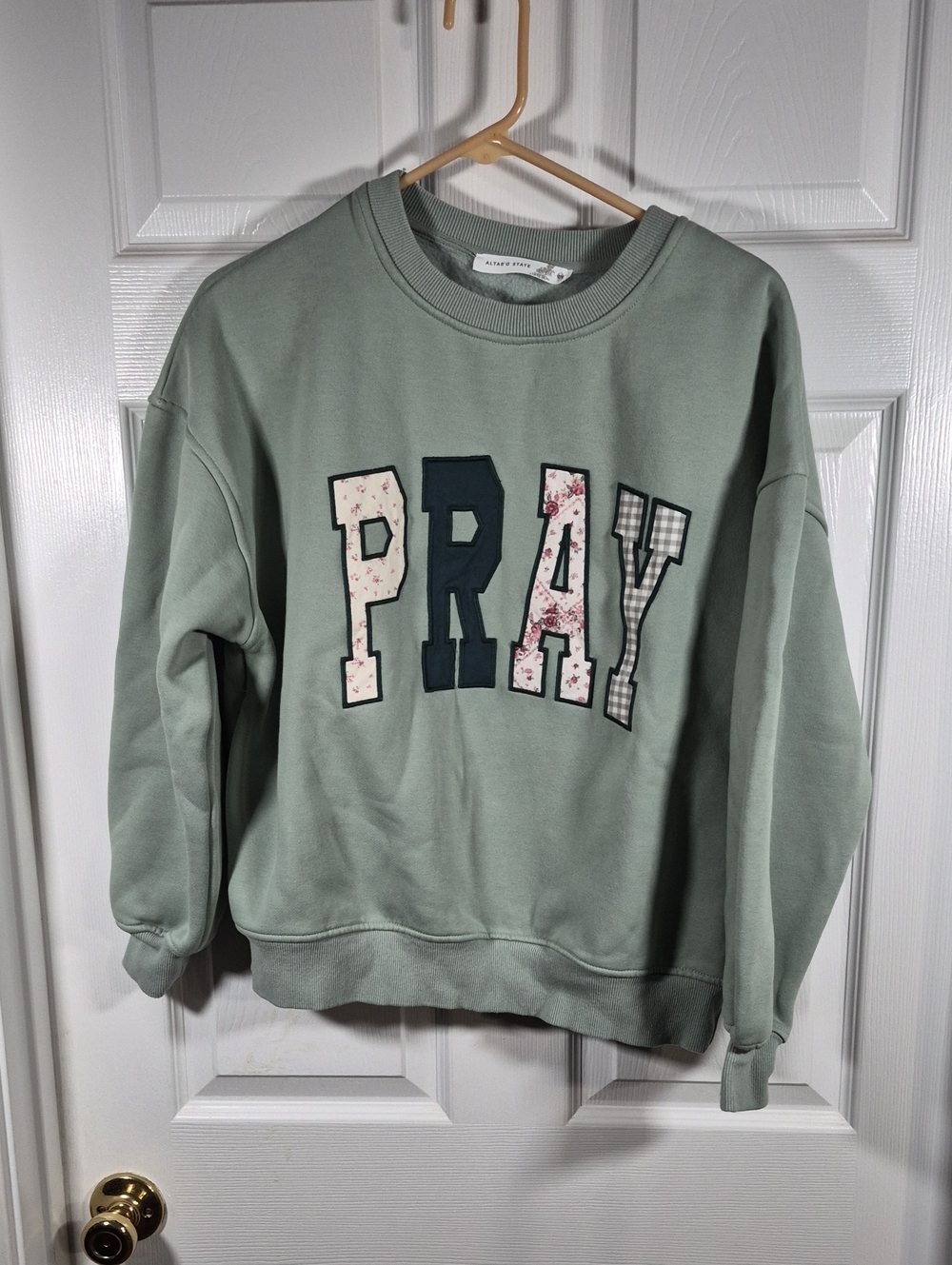 Altar'd State Sage Green 'PRAY' Appliqué Crewneck Sweatshirt